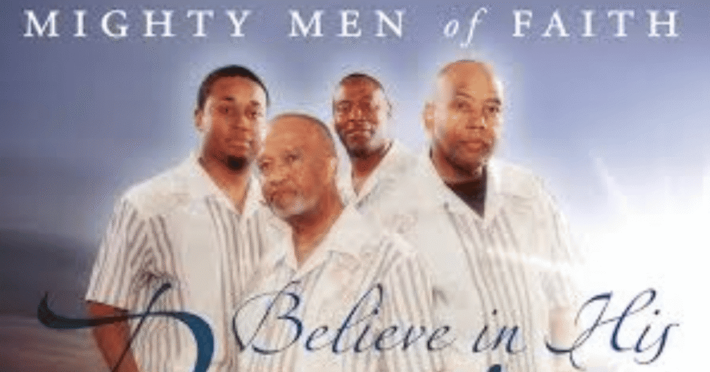 Mighty Men of Faith gospel group posing in coordinated white outfits for their album “Believe in His Promises,” promoting faith-based worship music for men.