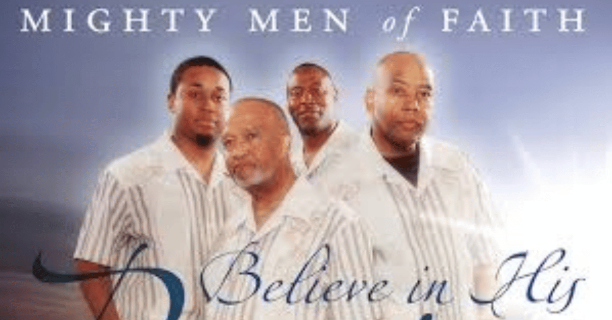 Mighty Men of Faith gospel group posing in coordinated white outfits for their album “Believe in His Promises,” promoting faith-based worship music for men.
