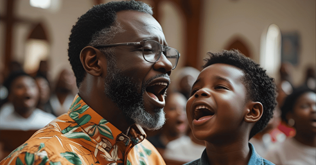 Father and son singing worship together in church.