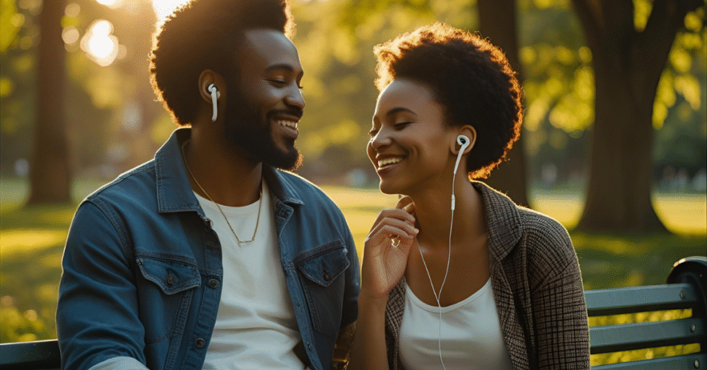 An Haitian man and woman sitting on a park bench sharing earbuds, smiling and relaxed