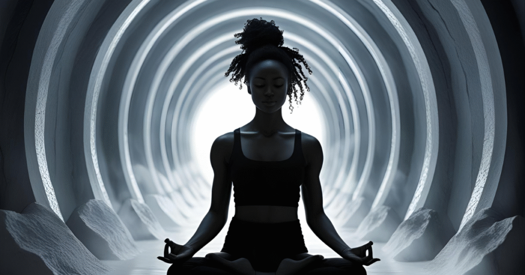 Woman meditating in a spiritual tunnel of light, representing peace and mindfulness from the Om Temple Spiritual Music Collection.