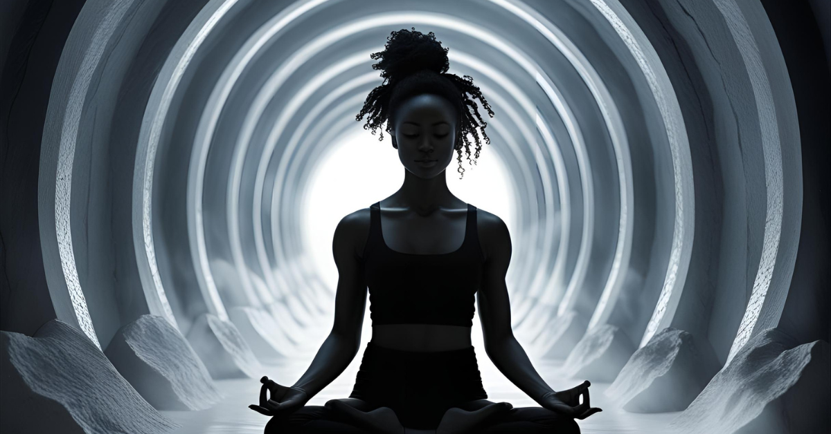 Woman meditating in a spiritual tunnel of light, representing peace and mindfulness from the Om Temple Spiritual Music Collection.