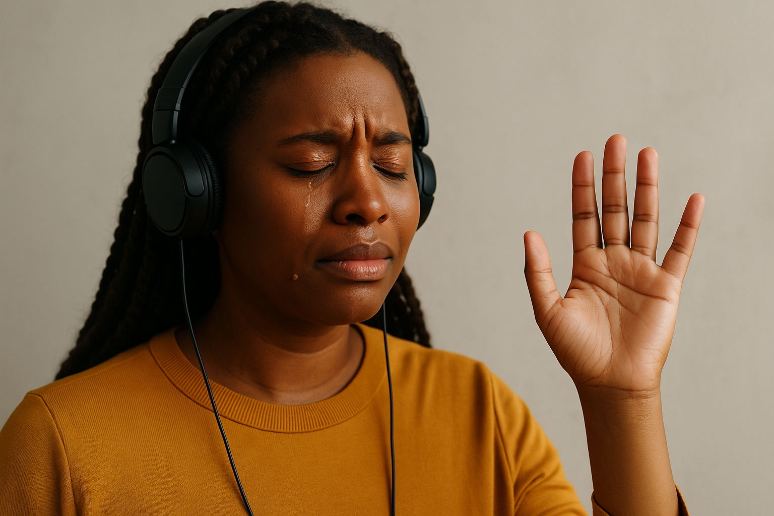 African American woman in mustard sweater, eyes closed, crying while worshiping with headphones on and hand raised.