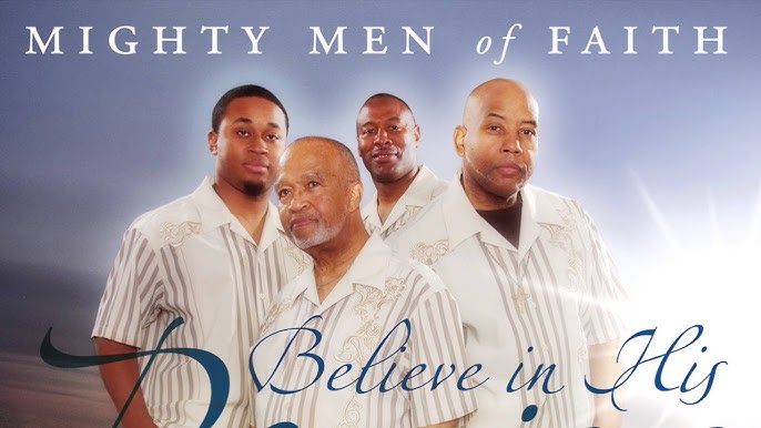 Mighty Men of Faith gospel group posing in coordinated white outfits for their album “Believe in His Promises,” promoting faith-based worship music for men.