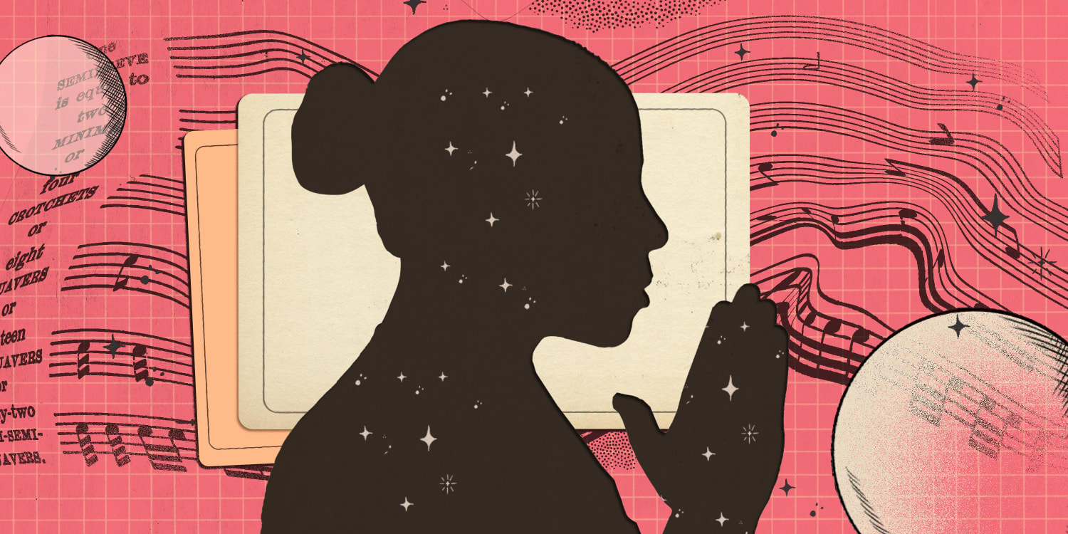 Silhouette of a woman praying with stars inside her figure, surrounded by music notes and spiritual imagery on a pink background.