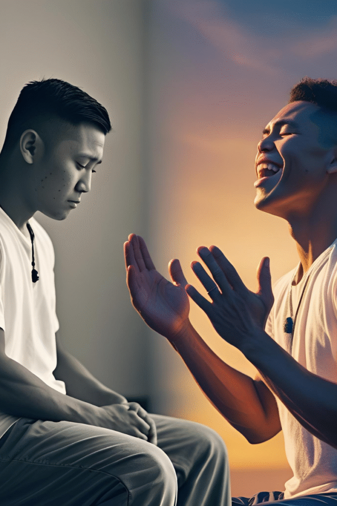 Before and after worship scene showing burnout shifting into revival through gospel music.