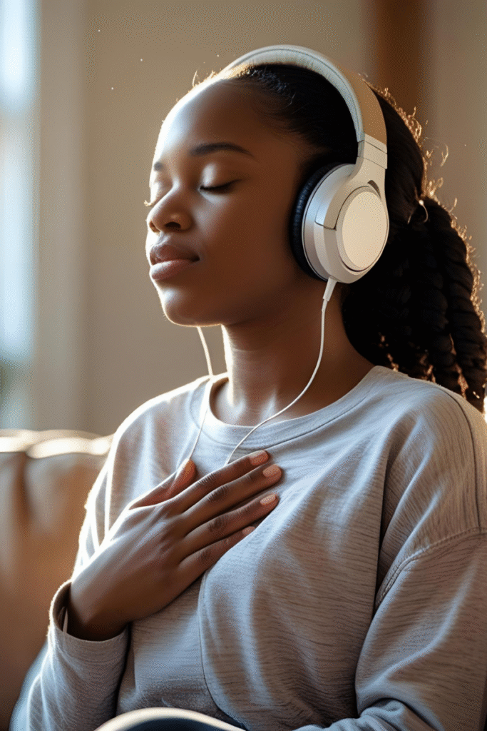 Woman reconnecting with God through worship music at home, rediscovering spiritual purpose - PraisePluug