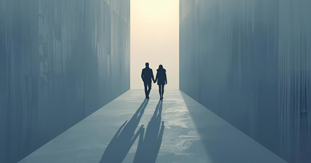 A person walking confidently along a path, shoulders straight.