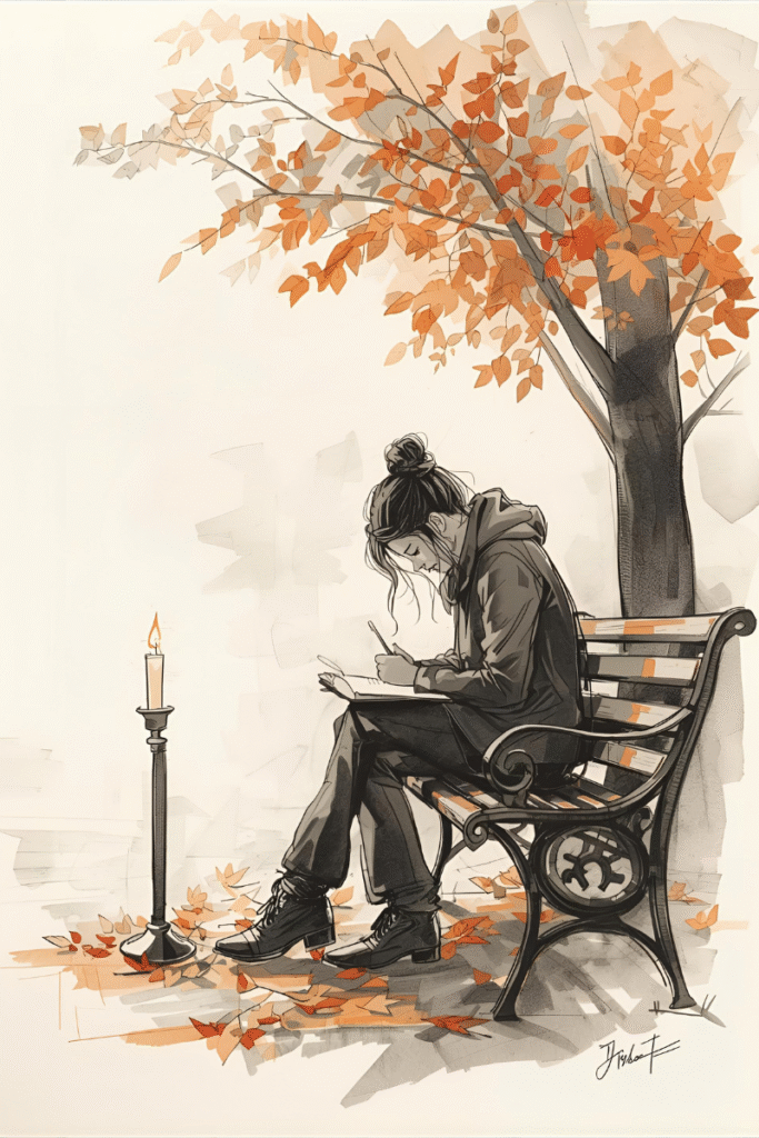 A person writing in a journal under soft light.